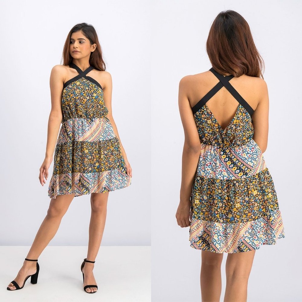 BCBG Mixed Print Tiered Floral Flounce Hem Dress